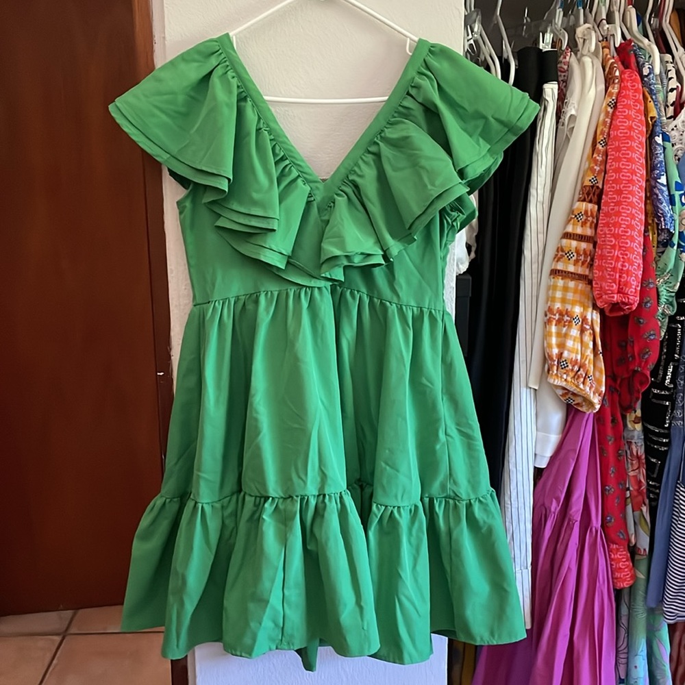 Green Mini Layered Ruffle Dress Size Large - Picture 6 of 9